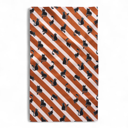 Black Cats Orange Striped Geometry Tea Towel